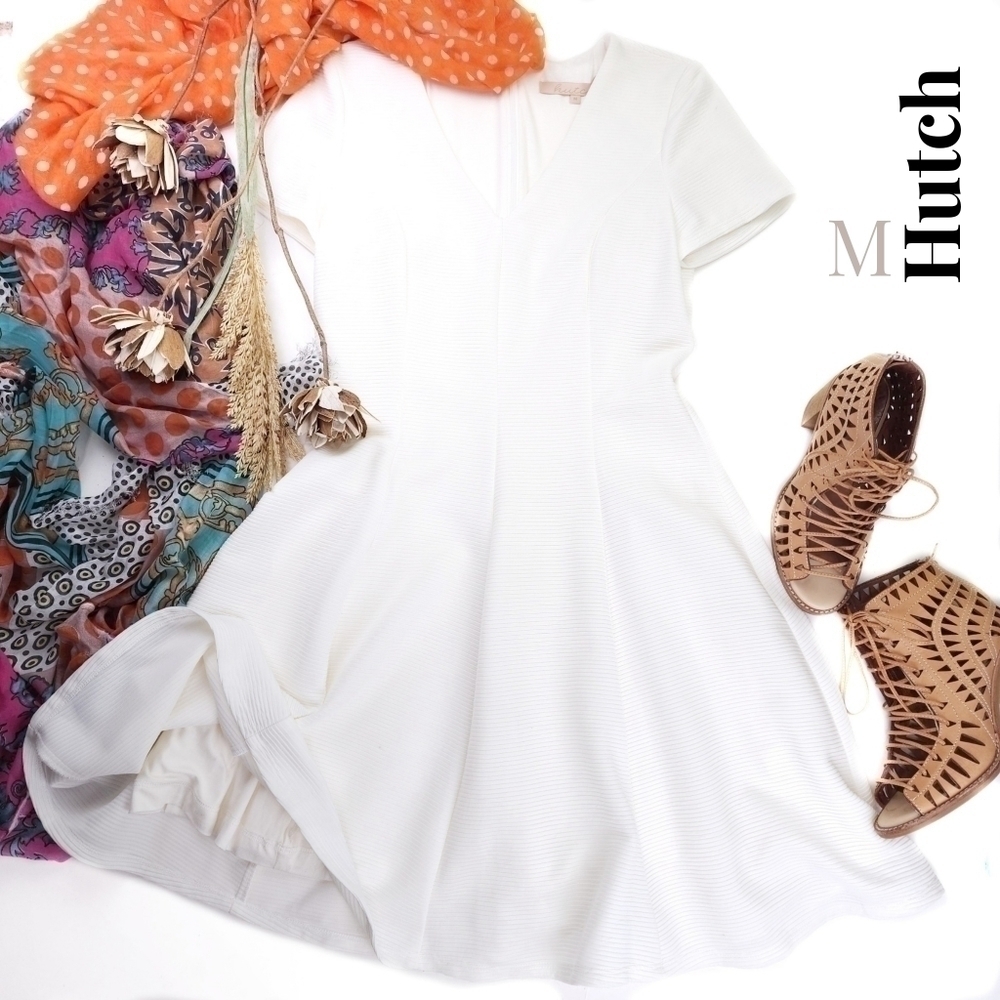New Anthropologie Hutch White Cream Ribbed Fit Flare Dress Sz M